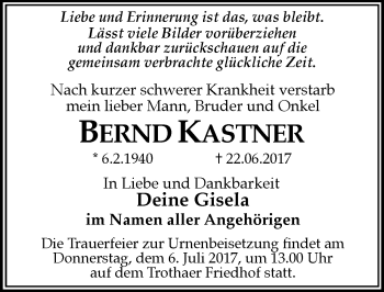 Traueranzeige von Bernd Kastner von Mitteldeutsche Zeitung Halle/Saalkreis