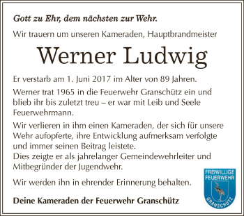 Traueranzeige von Werner Ludwig von WVG - Wochenspiegel NMB / WSF / ZTZ
