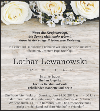 Traueranzeige von Lothar Lewanowski von Super Sonntag Bernburg