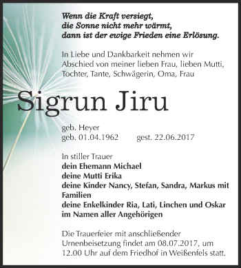 Traueranzeige von Sigrun Jiru von WVG - Wochenspiegel NMB / WSF / ZTZ