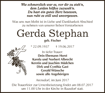 Traueranzeige von Gerda Stephan von WVG - Wochenspiegel Dessau / Köthen