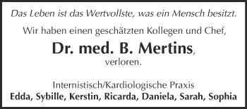Traueranzeige von Bruno Mertins von WVG - Wochenspiegel NMB / WSF / ZTZ