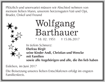 Traueranzeige von Wolfgang Barthauer von Wochenspiegel Mansfelder Land