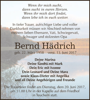 Traueranzeige von Bernd Hädrich von WVG - Wochenspiegel NMB / WSF / ZTZ
