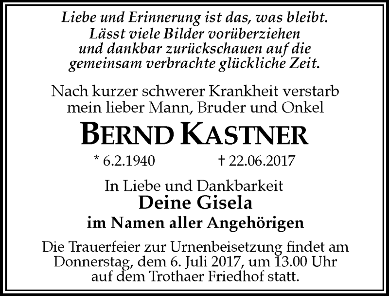  Traueranzeige für Bernd Kastner vom 24.06.2017 aus Mitteldeutsche Zeitung Halle/Saalkreis