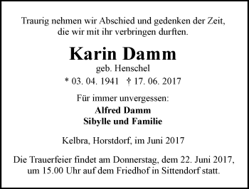 Traueranzeige von Karin Damm von Mitteldeutsche Zeitung Sangerhausen