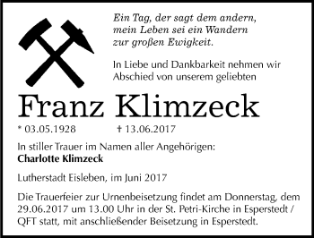 Traueranzeige von Franz Klimzeck von Mitteldeutsche Zeitung Mansfelder Land