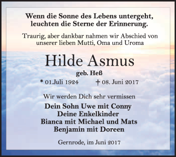 Traueranzeige von Hilde Asmus von WVG - Wochenspiegel Quedlinburg