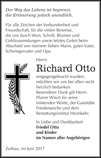 Traueranzeige von Richard Otto von WVG - Wochenspiegel NMB / WSF / ZTZ