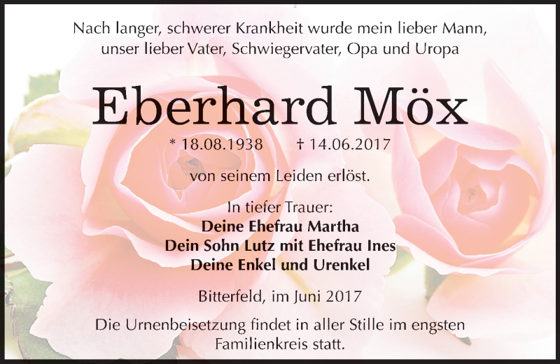  Traueranzeige für Eberhard Möx vom 28.06.2017 aus Mitteldeutsche Zeitung Bitterfeld