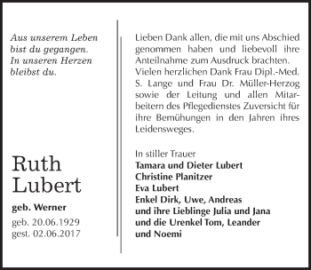 Traueranzeige von Ruth Lubert von Mitteldeutsche Zeitung Dessau-Roßlau