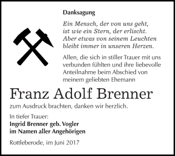 Traueranzeige von Franz Adolf Brenner von WVG - Wochenspiegel SGH