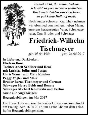 Traueranzeige von Friedrich-Wilhelm Tischmeyer von Mitteldeutsche Zeitung Bernburg