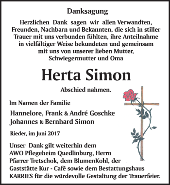 Traueranzeige von Herta Simon von Mitteldeutsche Zeitung Quedlinburg