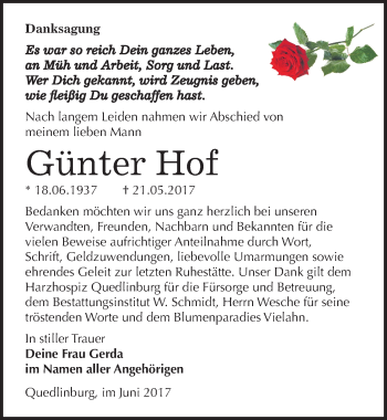 Traueranzeige von Günter Hof von Mitteldeutsche Zeitung Quedlinburg