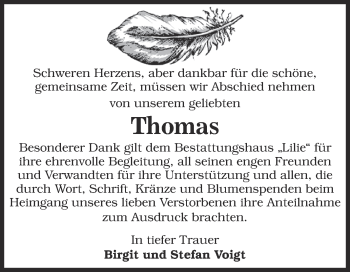 Traueranzeige von Thomas  von WVG - Wochenspiegel Dessau / Köthen