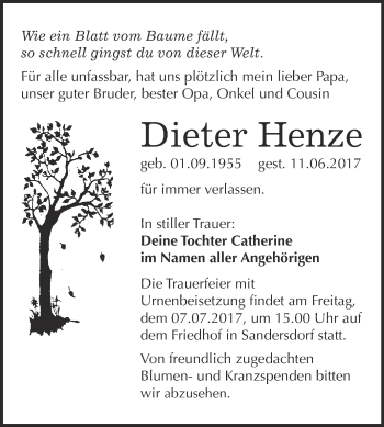 Traueranzeige von Dieter Henze von WVG - Wochenspiegel Bitterfeld