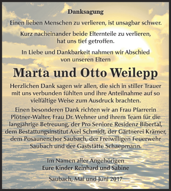 Traueranzeige von Marta und Otto Weilepp von WVG - Wochenspiegel NMB / WSF / ZTZ
