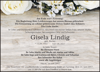 Traueranzeige von Gisela Lindig von Mitteldeutsche Zeitung Aschersleben