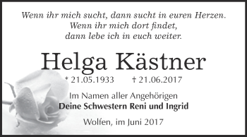 Traueranzeige von Helga Kästner von WVG - Wochenspiegel Bitterfeld