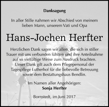 Traueranzeige von Hans-Jochen Herfter von Mitteldeutsche Zeitung Mansfelder Land