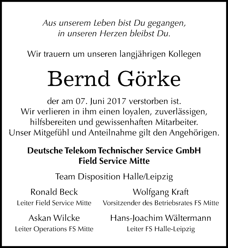  Traueranzeige für Bernd Görke vom 10.06.2017 aus Mitteldeutsche Zeitung Bernburg