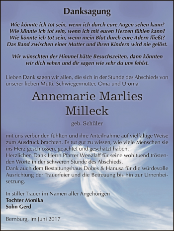 Traueranzeige von Annemarie Marlies Milleck von Super Sonntag Bernburg