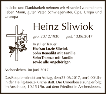 Traueranzeige von Heinz Sliwiok von Super Sonntag Aschersleben