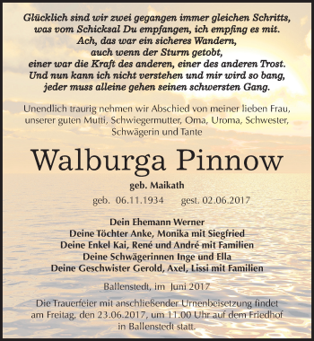 Traueranzeige von Walburga Pinnow von Mitteldeutsche Zeitung Quedlinburg