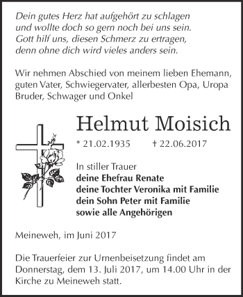 Traueranzeige von Helmut Moisich von Super Sonntag Zeitz