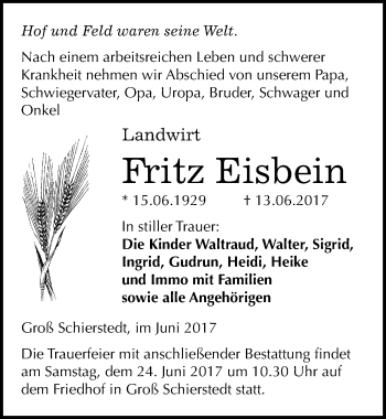 Traueranzeige von Fritz Eisbein von Mitteldeutsche Zeitung Aschersleben