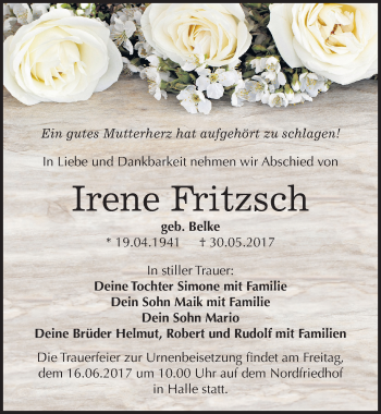 Traueranzeige von Irene Fritzsch von Mitteldeutsche Zeitung Halle/Saalkreis