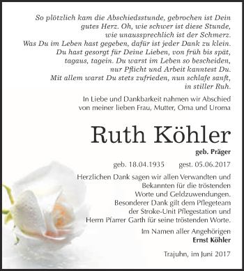 Traueranzeige von Ruth Köhler von WVG - Wochenspiegel Wittenberg