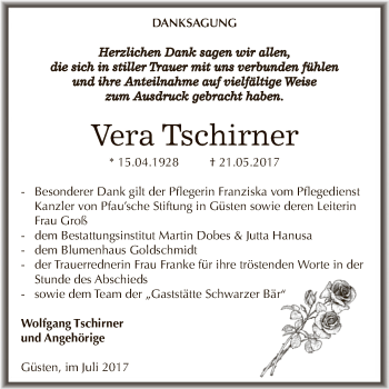 Traueranzeige von Vera Tschirner von Super Sonntag Bernburg