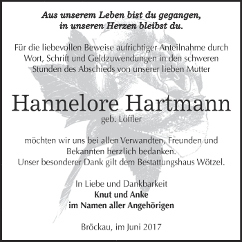 Traueranzeige von Hannelore Hartmann von Super Sonntag Zeitz