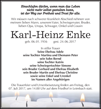 Traueranzeige von Karl-Heinz Enke von Mitteldeutsche Zeitung Mansfelder Land