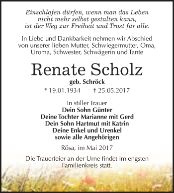 Traueranzeige von Renate Scholz von WVG - Wochenspiegel Bitterfeld