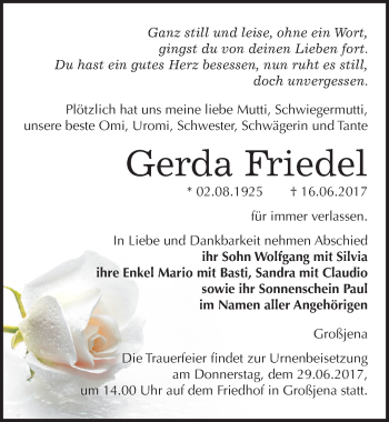Traueranzeige von Gerda Friedel von Mitteldeutsche Zeitung Naumburg/Nebra