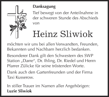 Traueranzeige von Heinz Sliwiok von Super Sonntag Aschersleben