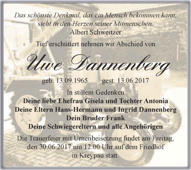  Traueranzeige für Uwe Dannenberg vom 21.06.2017 aus Super Sonntag Merseburg
