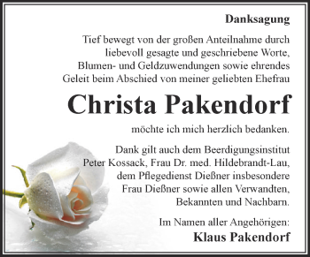 Traueranzeige von Christa Pakendorf von WVG - Wochenspiegel Dessau / Köthen