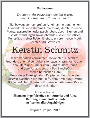 Traueranzeige von Kerstin Schmitz von Mitteldeutsche Zeitung Merseburg/Querfurt