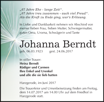 Traueranzeige von Johanna Berndt von Mitteldeutsche Zeitung Quedlinburg