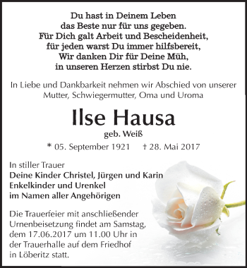Traueranzeige von Ilse Hausa von Mitteldeutsche Zeitung Bitterfeld