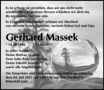 Traueranzeige von Gerhard Massek von Mitteldeutsche Zeitung Bitterfeld