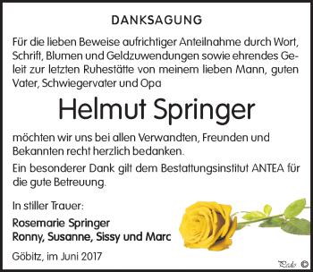 Traueranzeige von Helmut Springer von Mitteldeutsche Zeitung Zeitz