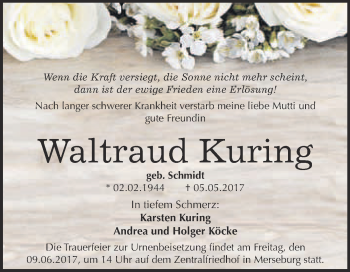 Traueranzeige von Waltraud Kuring von Super Sonntag Merseburg