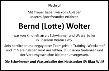 Traueranzeige von Bernd Wolter von Mitteldeutsche Zeitung Mansfelder Land
