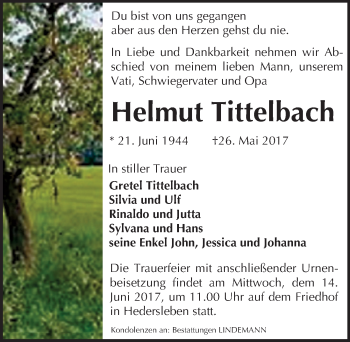 Traueranzeige von Helmut Tittelbach von Mitteldeutsche Zeitung Quedlinburg