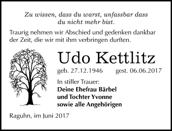 Traueranzeige von Udo Kettlitz von Mitteldeutsche Zeitung Bitterfeld